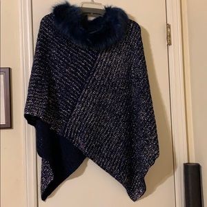 Navy/silver fur collar poncho